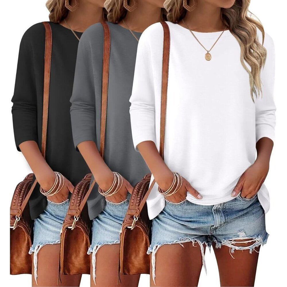 3 Pack Women's 3/4 Sleeve Tops Cotton Blend Large Casual Vacation Outfits